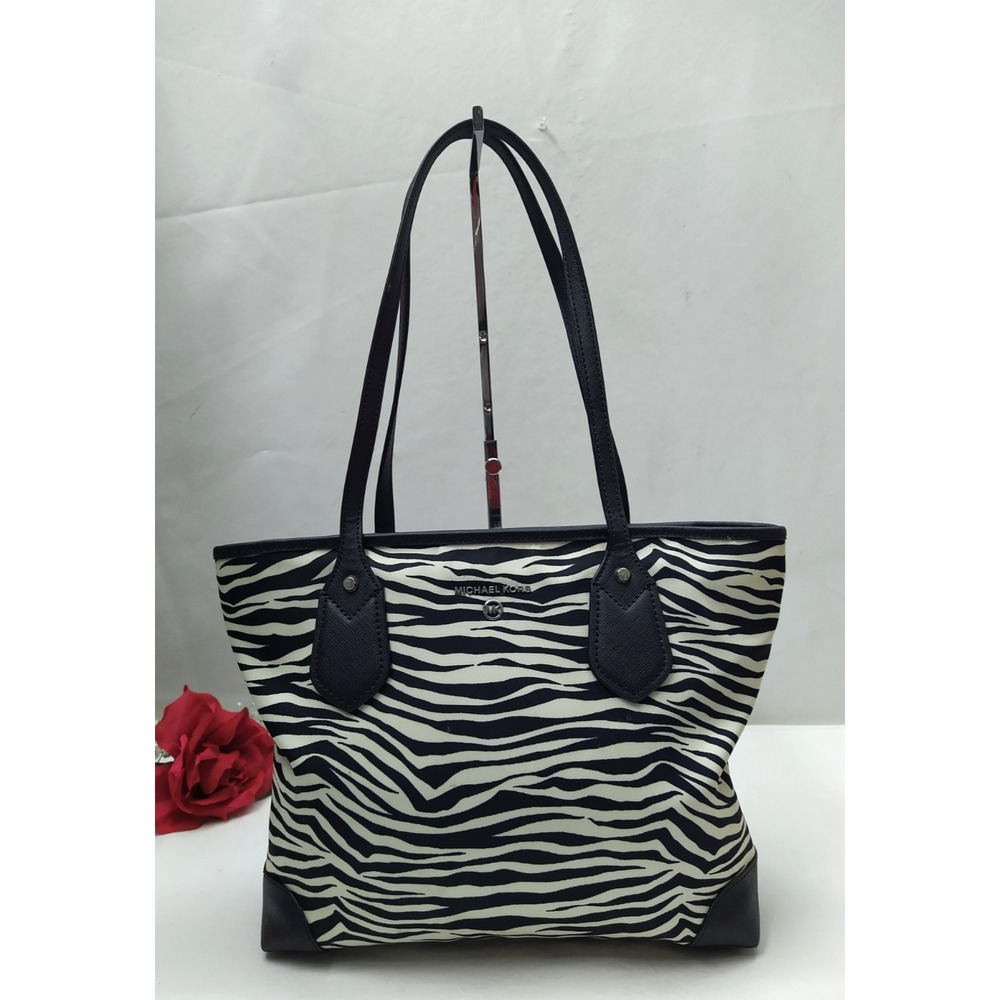 Michael Kors Zebra Printed Nylon Leather Trim Double Handles Tote Bag